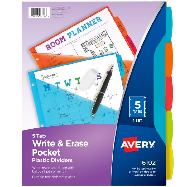Write & Erase Dividers with Pockets, 5-Tab